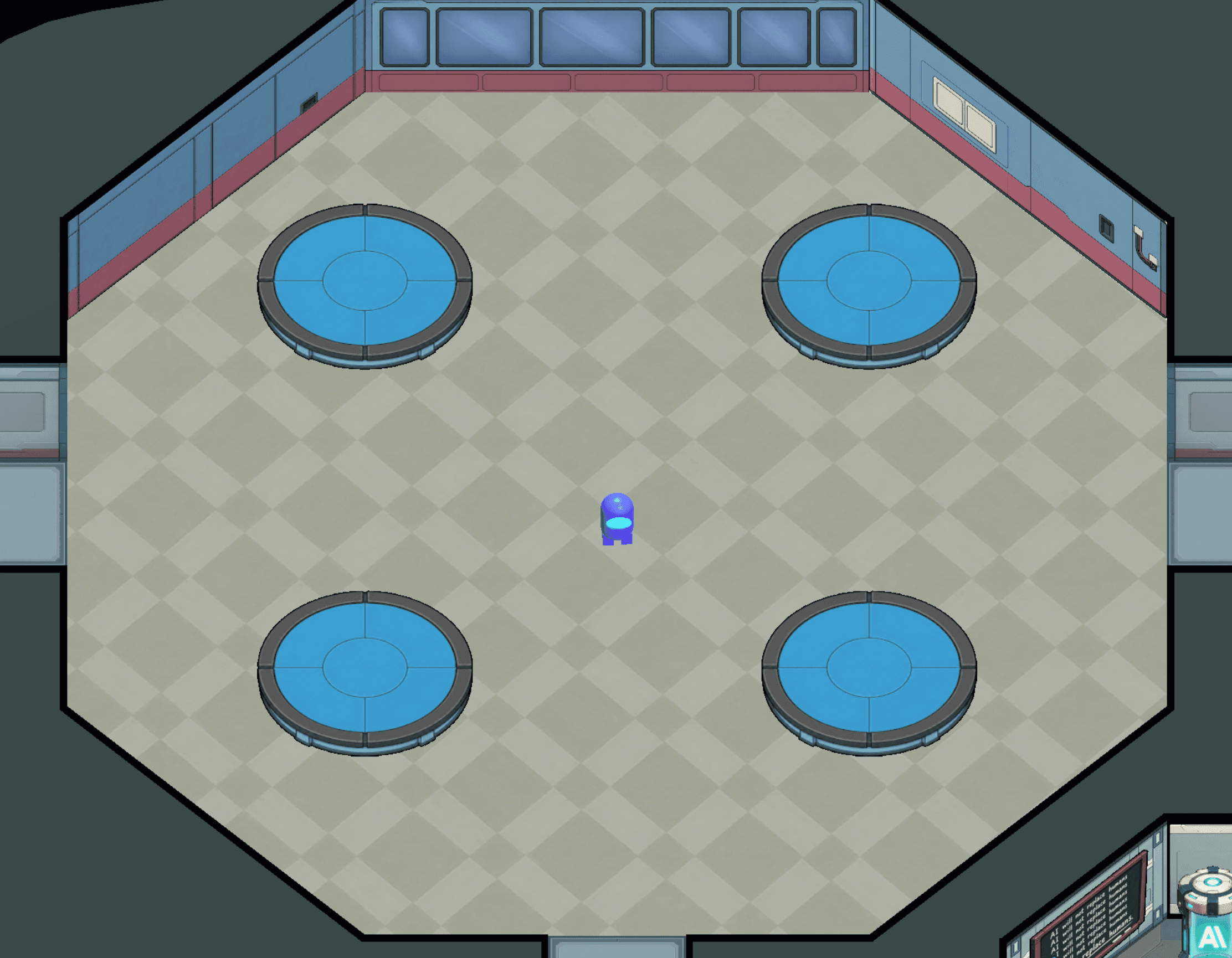 Cafeteria on the ship with four round tables and the player in the hall