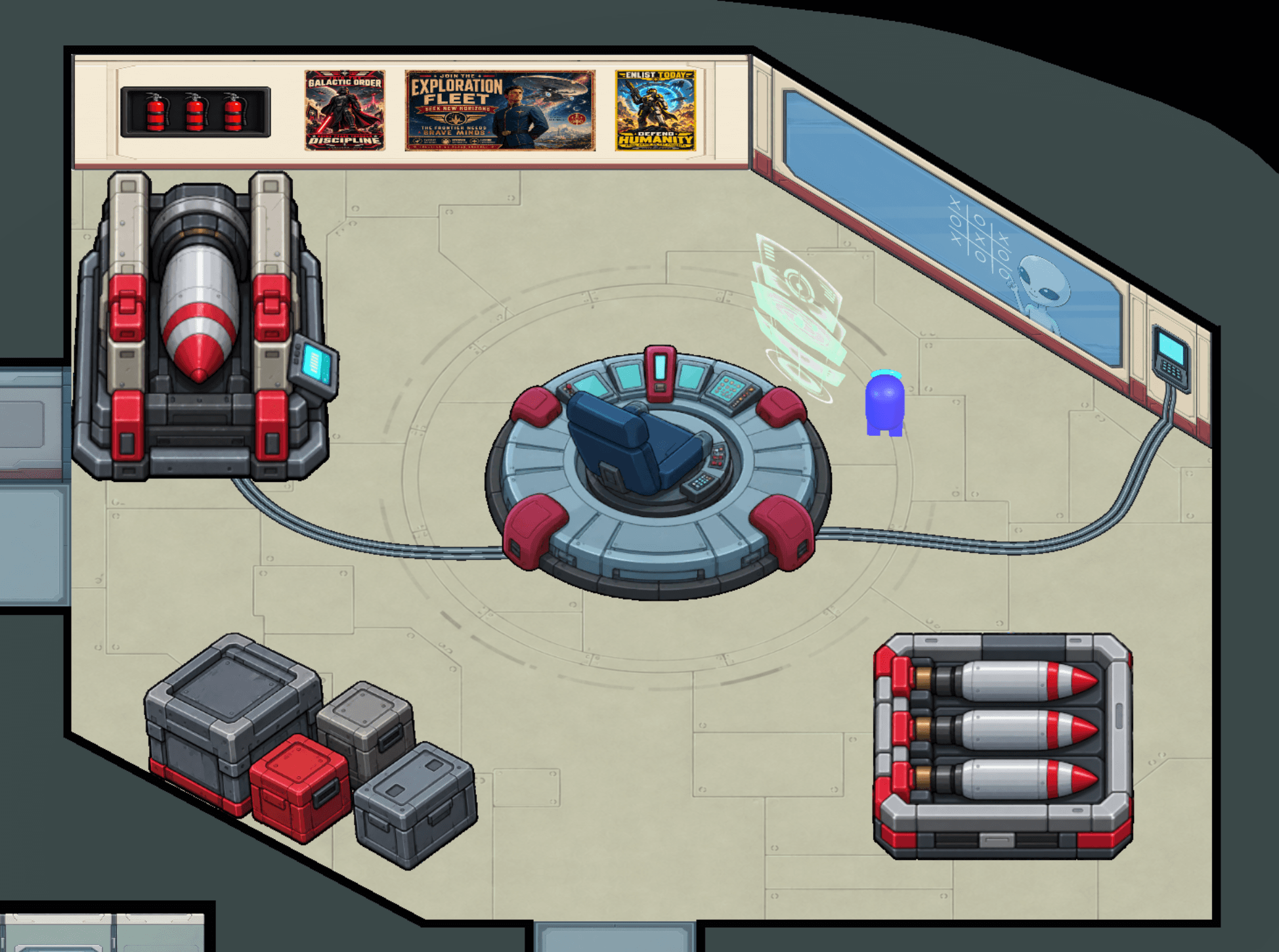 Player in the weapons room with a missile rack, command chair, and cargo crates