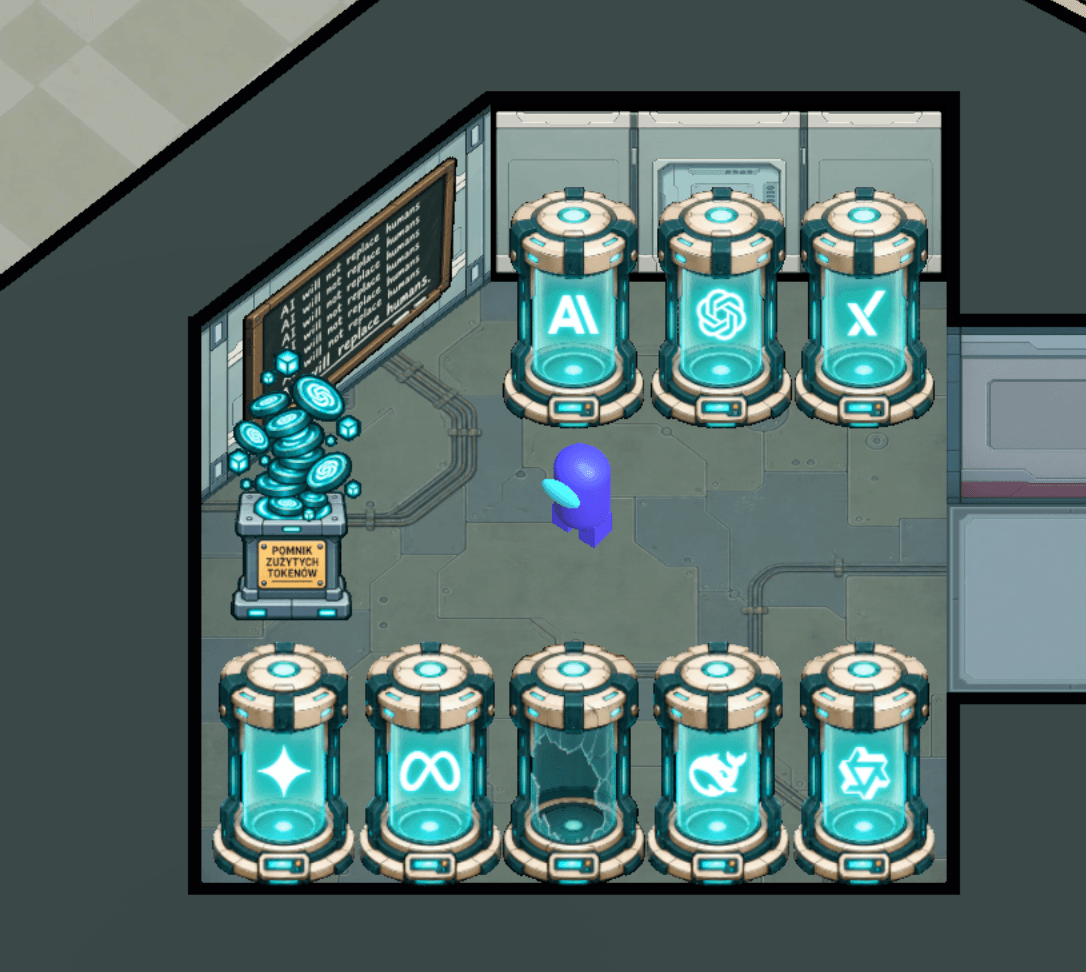 Player in the AI lab with containment cans and a token monument