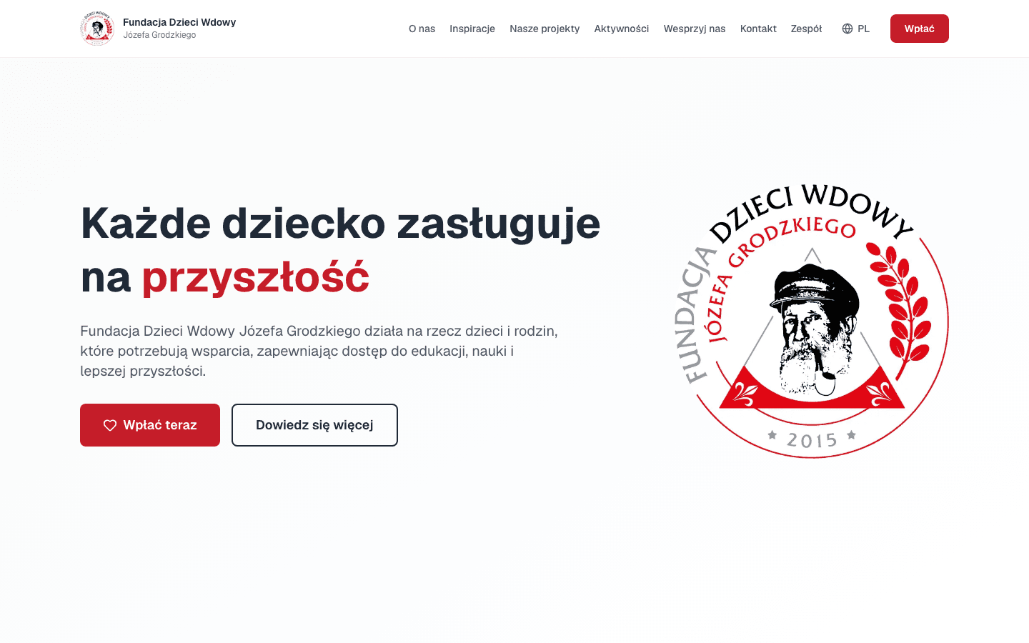 Fundacja Dzieci Wdowy homepage with the foundation logo, mission, and donate button